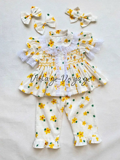 PRE-ORDER NOW & GET NEXT WEEK!NEW!BETSY SWISS DOT LEMON FLORAL💐HAND-SMOCKED PYJAMA,GOWN & HAIR BOWS🎀 pyjama set