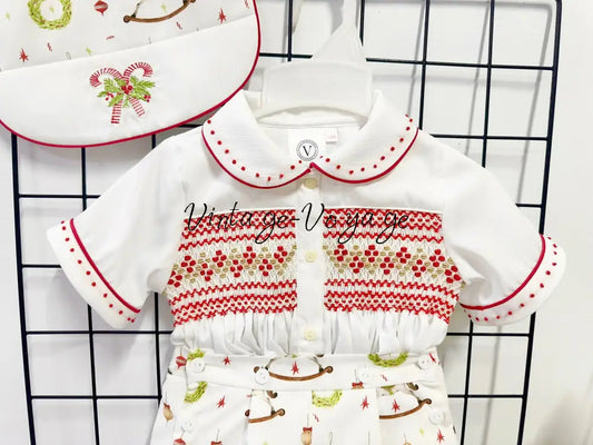 PRE-ORDER NOW & GET NEXT WEEK!NEW! FESTIVE FUN BABY BOYS HAND-SMOCKED ROMPER/SUIT & BIB SET 0-3 months Baby & Toddler