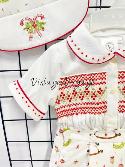 PRE-ORDER NOW & GET NEXT WEEK!NEW! FESTIVE FUN BABY BOYS HAND-SMOCKED ROMPER/SUIT & BIB SET Baby & Toddler Outfits