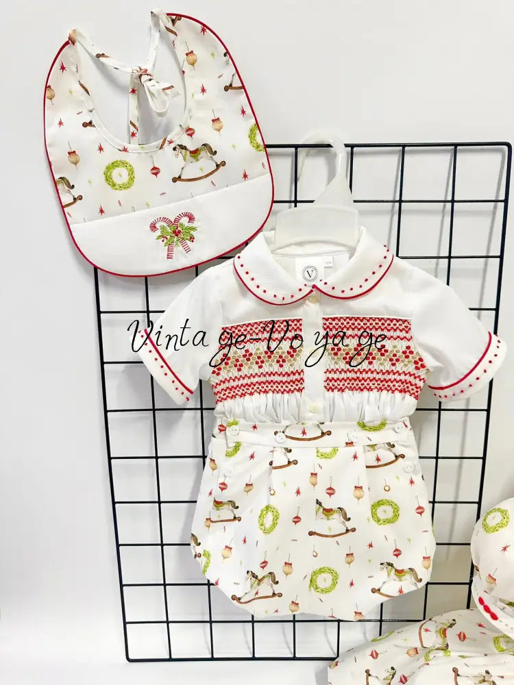 PRE-ORDER NOW & GET NEXT WEEK!NEW! FESTIVE FUN BABY BOYS HAND-SMOCKED ROMPER/SUIT & BIB SET Baby & Toddler Outfits