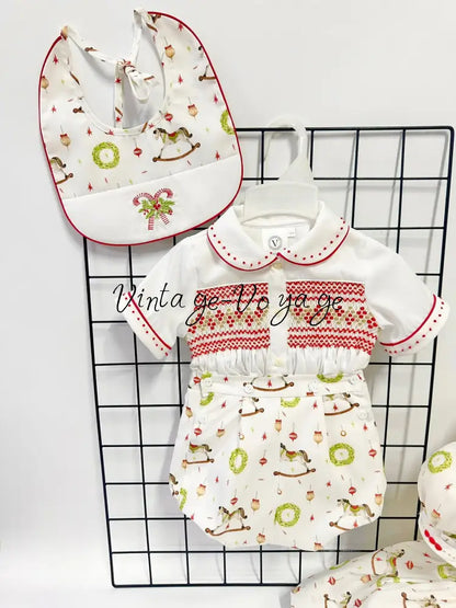 PRE-ORDER NOW & GET NEXT WEEK!NEW! FESTIVE FUN BABY BOYS HAND-SMOCKED ROMPER/SUIT & BIB SET Baby & Toddler Outfits