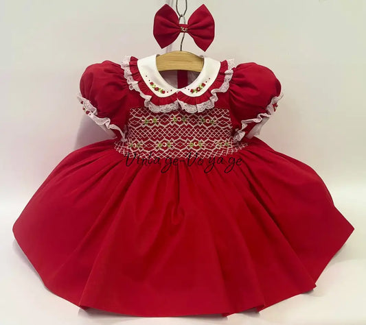 PRE-ORDER NOW & GET NEXT WEEK! NEW! JOLLY RED HAND-SMOCKED🧵🪡DRESS PANTIES & HAIR ACCESSORIES🎀 6-9 months Baby & Toddler