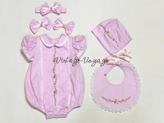 PRE-ORDER NOW & GET NEXT WEEK❤️NEW👼LINA PINK🧚HAND-EMBROIDERED🧵🪡BABYSUIT BIB BONNET AND HEADBAND🎀 0-3 months Baby &
