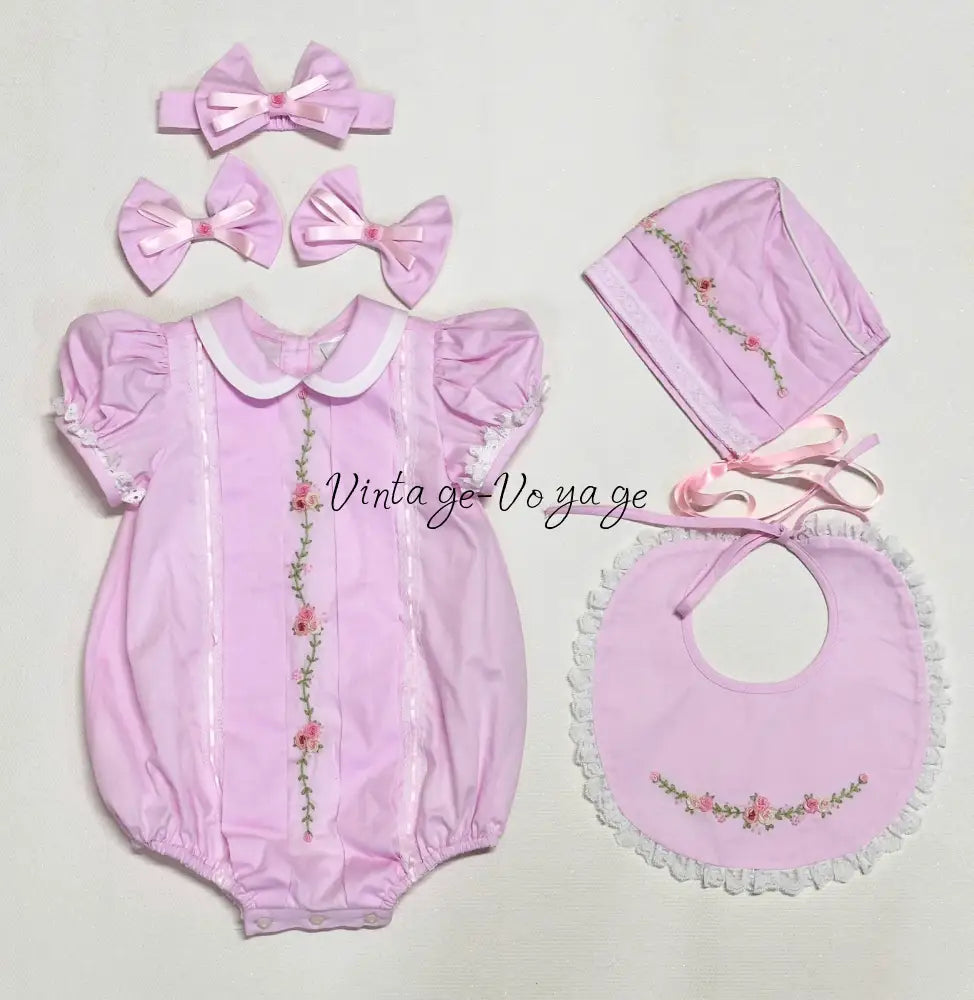 PRE-ORDER NOW & GET NEXT WEEK❤️NEW👼LINA PINK🧚HAND-EMBROIDERED🧵🪡BABYSUIT BIB BONNET AND HEADBAND🎀 Baby & Toddler Outfits