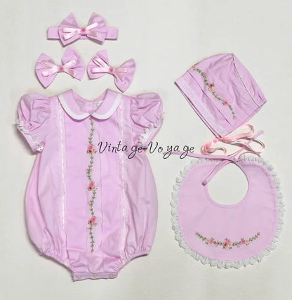 PRE-ORDER NOW & GET NEXT WEEK❤️NEW👼LINA PINK🧚HAND-EMBROIDERED🧵🪡BABYSUIT BIB BONNET AND HEADBAND🎀 Baby & Toddler Outfits