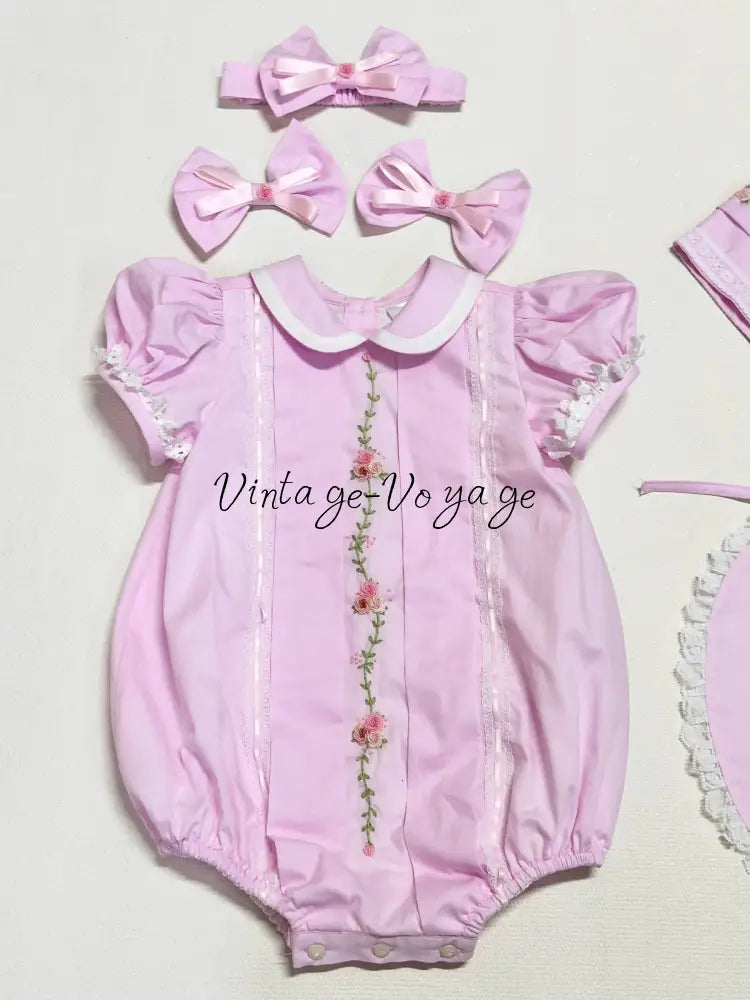 PRE-ORDER NOW & GET NEXT WEEK❤️NEW👼LINA PINK🧚HAND-EMBROIDERED🧵🪡BABYSUIT BIB BONNET AND HEADBAND🎀 Baby & Toddler Outfits