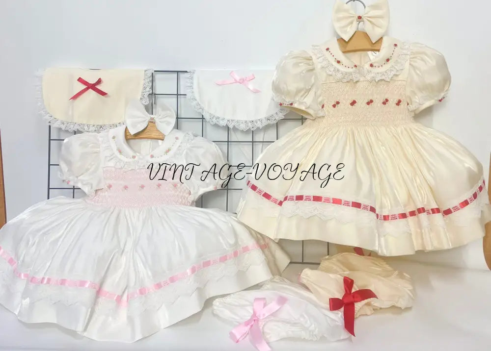 PRE-ORDER NOW & GET NEXT WEEK! NEW! MELODY WHITE & PINK HAND-SMOCKED🧵🪡DRESS,BIB,BLOOMERS & HEADBAND OR BOWS🎀🎀 Baby &