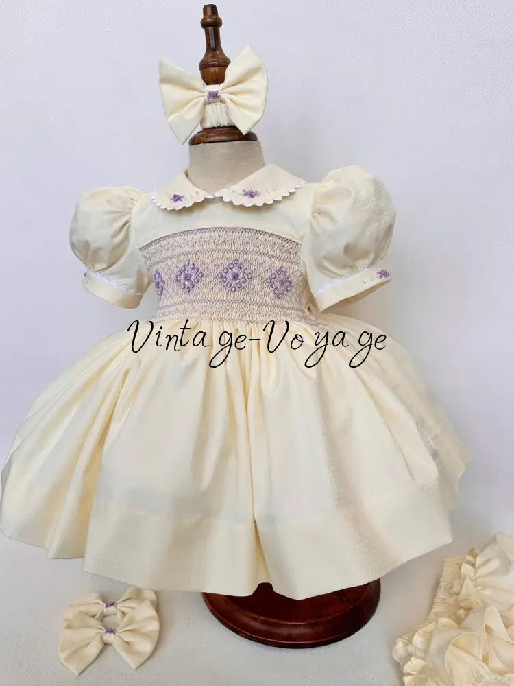 PRE-ORDER NOW & GET NEXT WEEK! NEW! MOLLY CREAM & LILAC HAND-SMOCKED DRESSS PANTIES (6M-24M) & BOWS 6M Baby & Toddler