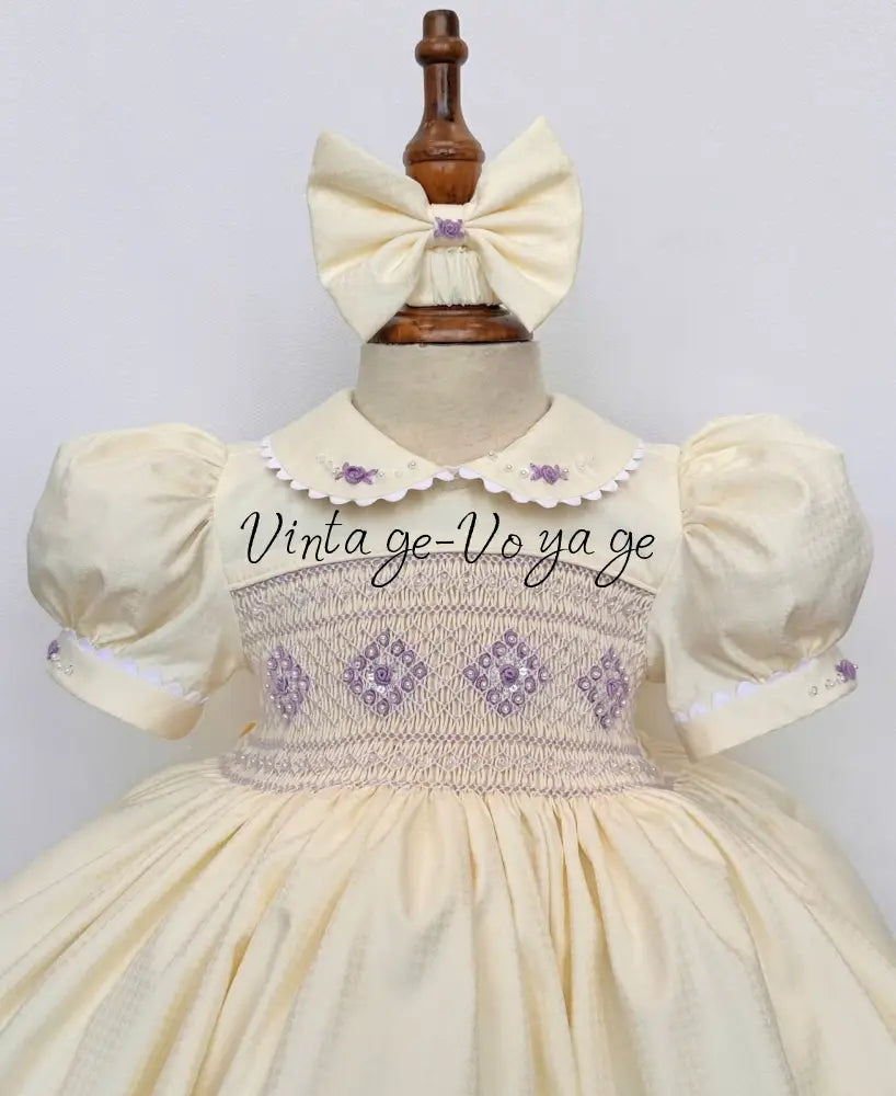 PRE-ORDER NOW & GET NEXT WEEK! NEW! MOLLY CREAM & LILAC HAND-SMOCKED DRESSS PANTIES (6M-24M) & BOWS Baby & Toddler