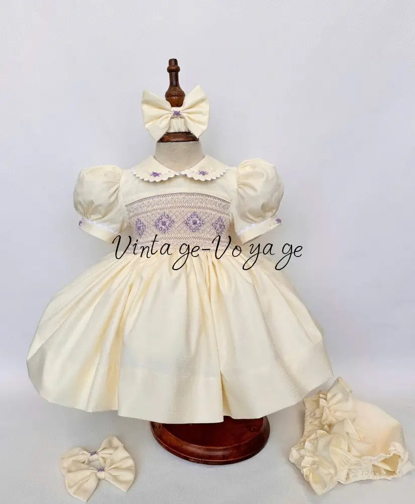 PRE-ORDER NOW & GET NEXT WEEK! NEW! MOLLY CREAM & LILAC HAND-SMOCKED DRESSS PANTIES (6M-24M) & BOWS Baby & Toddler