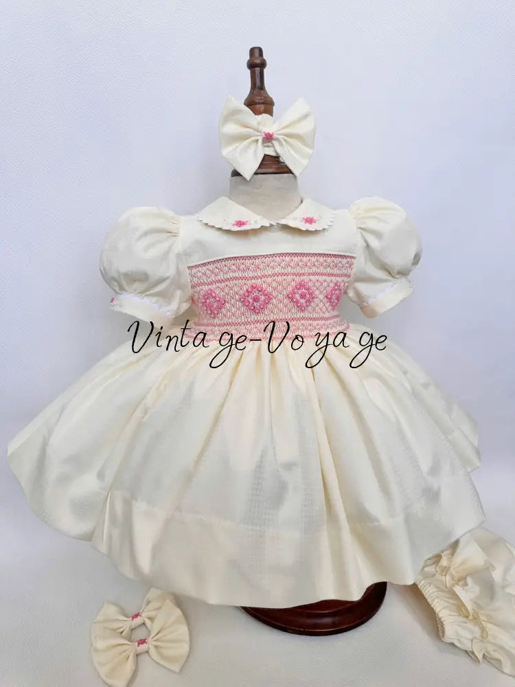PRE-ORDER NOW & GET NEXT WEEK! NEW! MOLLY CREAM & PINK HAND-SMOCKED DRESSS PANTIES (6M-24M) & BOWS Baby & Toddler