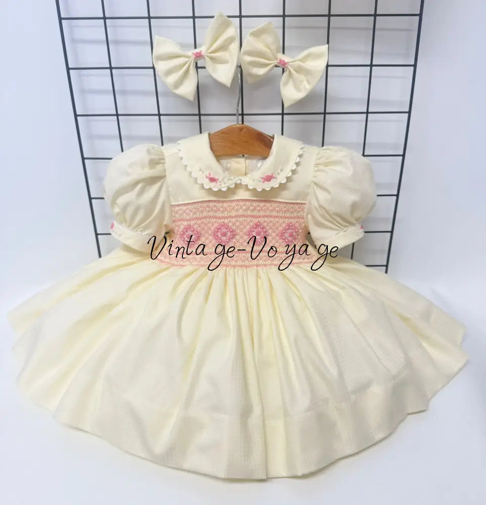 PRE-ORDER NOW & GET NEXT WEEK! NEW! MOLLY CREAM & PINK HAND-SMOCKED DRESSS PANTIES (6M-24M) & BOWS 6M Baby & Toddler