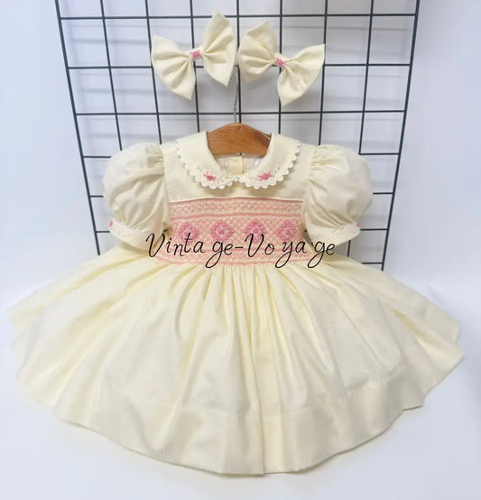 PRE-ORDER NOW & GET NEXT WEEK! NEW! MOLLY CREAM & PINK HAND-SMOCKED DRESSS PANTIES (6M-24M) & BOWS 6M Baby & Toddler
