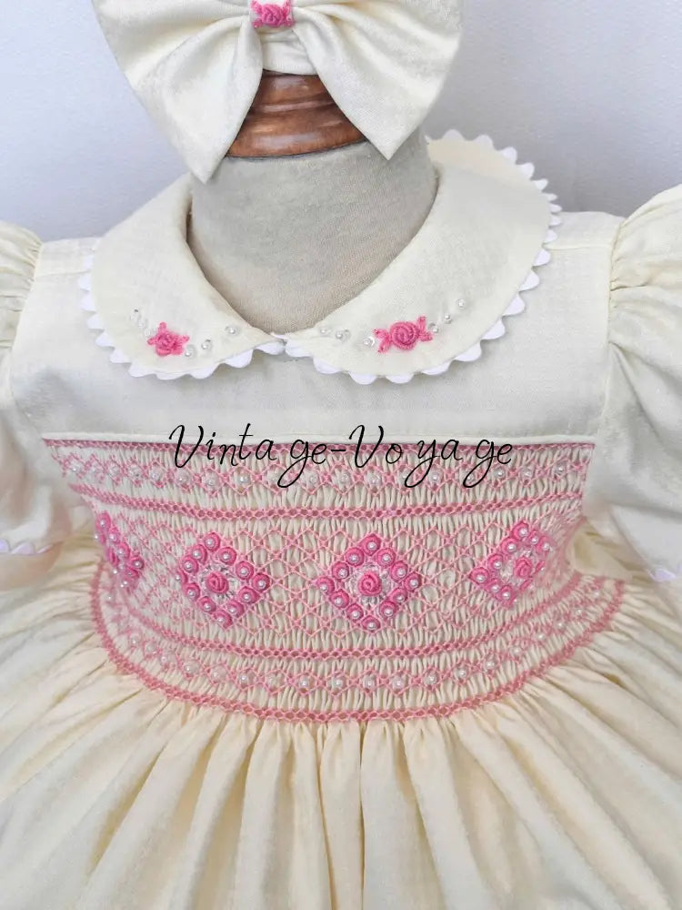 PRE-ORDER NOW & GET NEXT WEEK! NEW! MOLLY CREAM & PINK HAND-SMOCKED DRESSS PANTIES (6M-24M) & BOWS Baby & Toddler