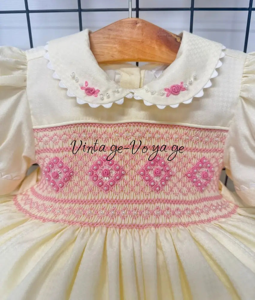 PRE-ORDER NOW & GET NEXT WEEK! NEW! MOLLY CREAM & PINK HAND-SMOCKED DRESSS PANTIES (6M-24M) & BOWS Baby & Toddler