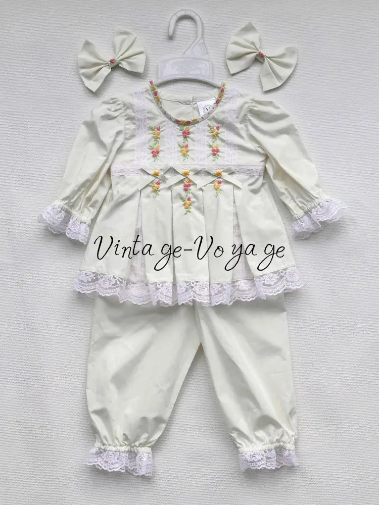 PRE-ORDER NOW & GET NEXT WEEK! NEW! 🤩ROSY ECRU💞💞COTTON HAND-EMBROIDERED🧵🪡LACE & RIBBON PYJAMA SET🎀 3M pyjama set