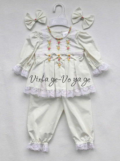 PRE-ORDER NOW & GET NEXT WEEK! NEW! 🤩ROSY ECRU💞💞COTTON HAND-EMBROIDERED🧵🪡LACE & RIBBON PYJAMA SET🎀 3M pyjama set