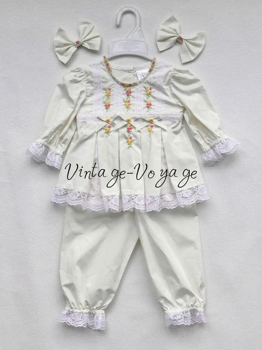 PRE-ORDER NOW & GET NEXT WEEK! NEW! 🤩ROSY ECRU💞💞COTTON HAND-EMBROIDERED🧵🪡LACE & RIBBON PYJAMA SET🎀 3M pyjama set