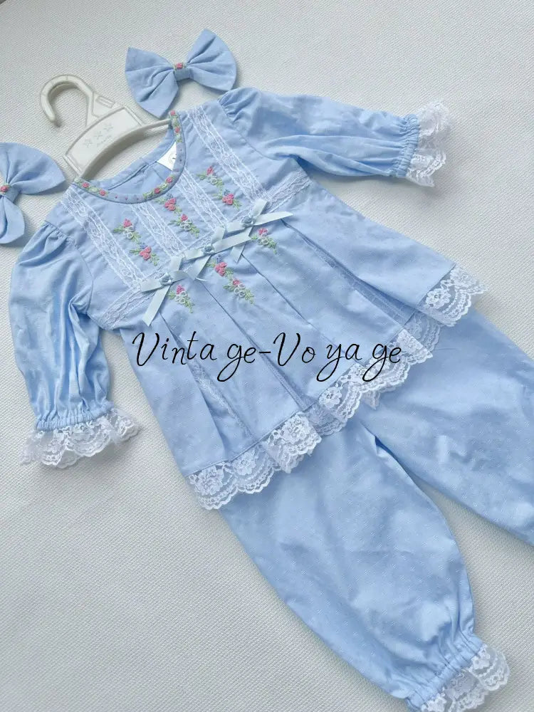 PRE-ORDER NOW & GET NEXT WEEK‼️NEW! 🤩ROSY SKY BLUE👑COTTON HAND-EMBROIDERED🧵🪡LACE & RIBBON PYJAMA SET🎀 pyjama set