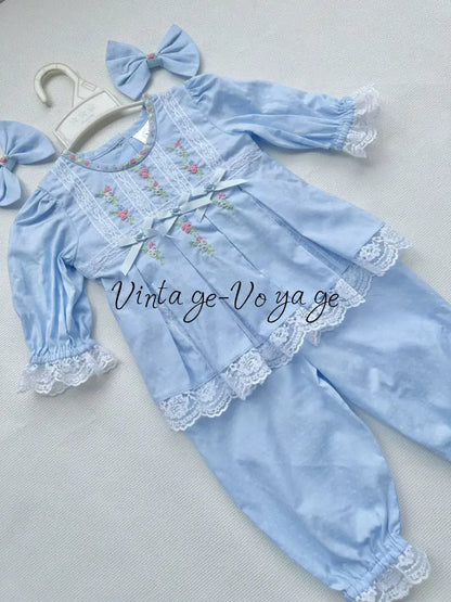 PRE-ORDER NOW & GET NEXT WEEK‼️NEW! 🤩ROSY SKY BLUE👑COTTON HAND-EMBROIDERED🧵🪡LACE & RIBBON PYJAMA SET🎀 pyjama set