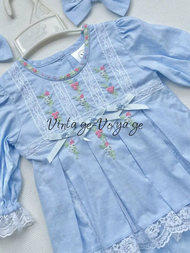 PRE-ORDER NOW & GET NEXT WEEK‼️NEW! 🤩ROSY SKY BLUE👑COTTON HAND-EMBROIDERED🧵🪡LACE & RIBBON PYJAMA SET🎀 pyjama set