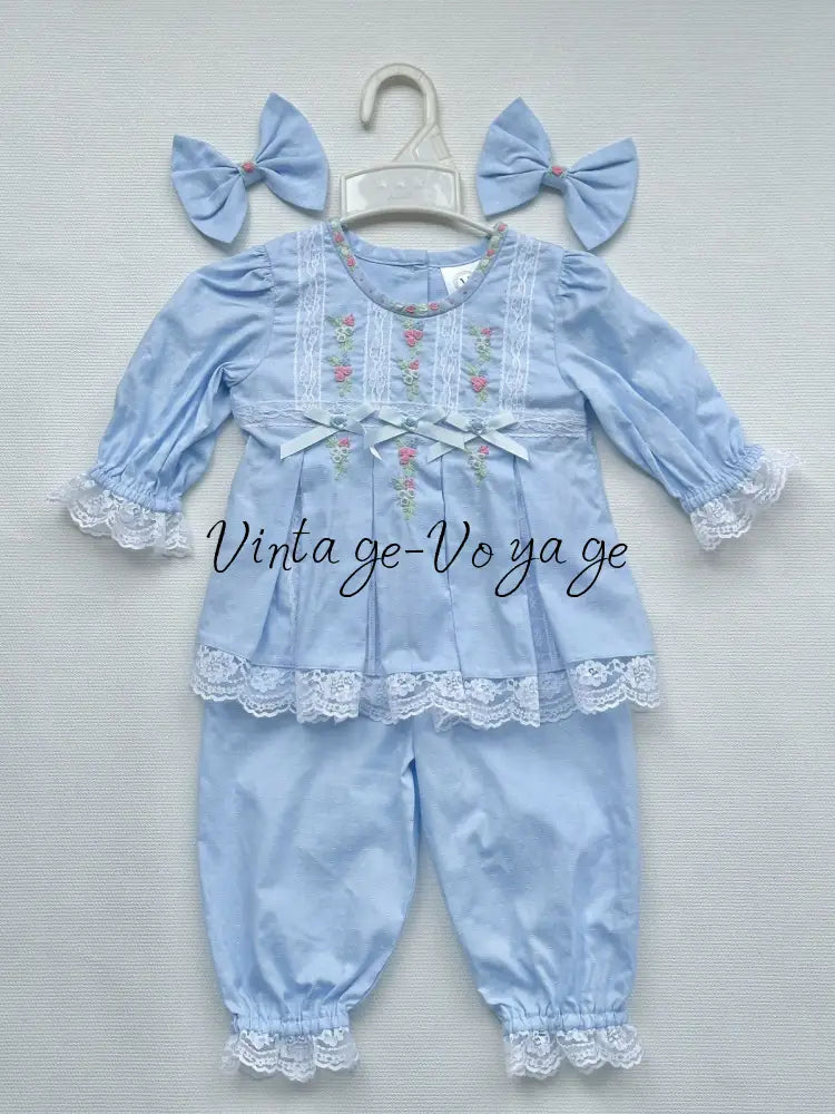 PRE-ORDER NOW & GET NEXT WEEK‼️NEW! 🤩ROSY SKY BLUE👑COTTON HAND-EMBROIDERED🧵🪡LACE & RIBBON PYJAMA SET🎀 3M pyjama set