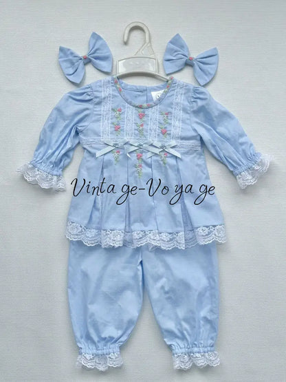 PRE-ORDER NOW & GET NEXT WEEK‼️NEW! 🤩ROSY SKY BLUE👑COTTON HAND-EMBROIDERED🧵🪡LACE & RIBBON PYJAMA SET🎀 3M pyjama set