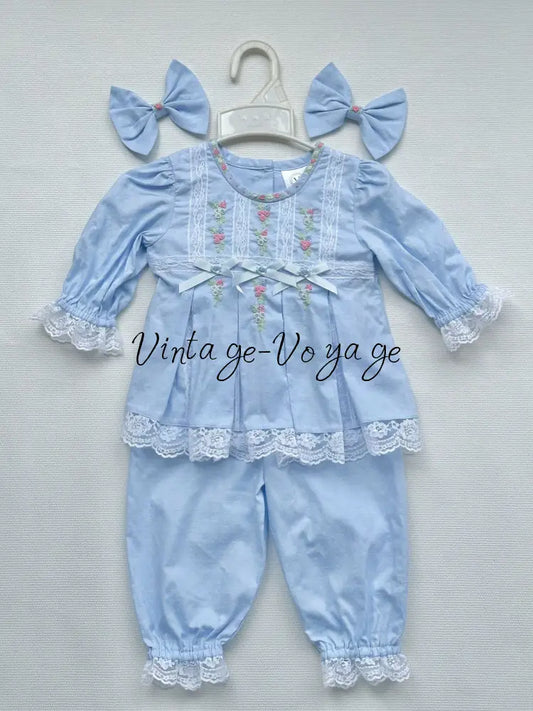 PRE-ORDER NOW & GET NEXT WEEK‼️NEW! 🤩ROSY SKY BLUE👑COTTON HAND-EMBROIDERED🧵🪡LACE & RIBBON PYJAMA SET🎀 3M pyjama set