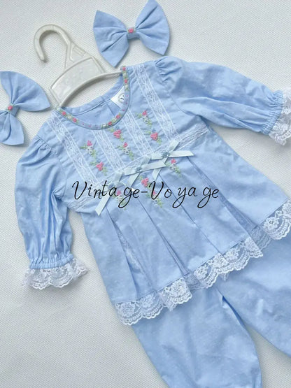 PRE-ORDER NOW & GET NEXT WEEK‼️NEW! 🤩ROSY SKY BLUE👑COTTON HAND-EMBROIDERED🧵🪡LACE & RIBBON PYJAMA SET🎀 pyjama set
