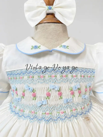 PRE-ORDER NOW & GET NEXT WEEK! NEW SEASON🎄SCARLETT WHITE & BLUE HAND-SMOCKED🧵🪡👑DRESS & ACCESSORIES🎀❄️ - 3M - Baby &