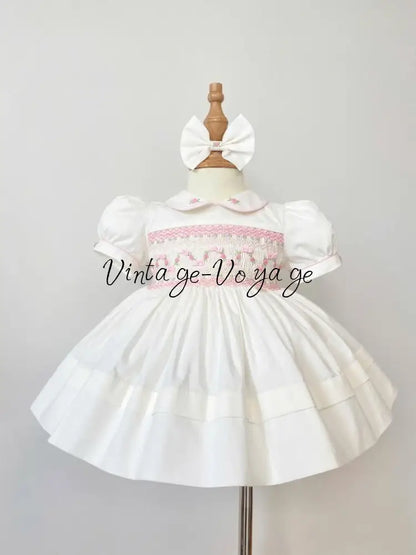 PRE-ORDER NOW & GET NEXT WEEK! NEW SEASON🎄SCARLETT WHITE & PINK HAND-SMOCKED🧵🪡👑DRESS & ACCESSORIES🎀❄️ - 3M - Baby &