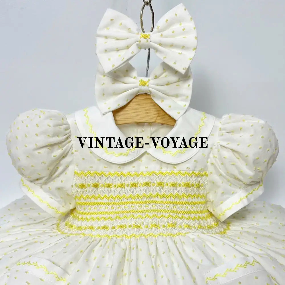 PRE-ORDER NOW & GET NEXT WEEK☀️ROBERTA LEMON🍋FRONT & BACK HAND-SMOCKED DRESS & HAIR BOWS OR HEADBAND🎀🎀 Baby & Toddler