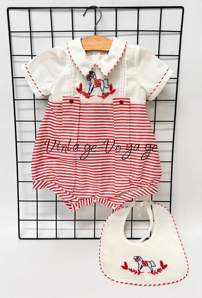 PRE-ORDER NOW & GET NEXT WEEK! ROCKING HORSE RED STRIPES HAND-EMBROIDERED ROMPER & BIB SET 0-3 months Baby & Toddler