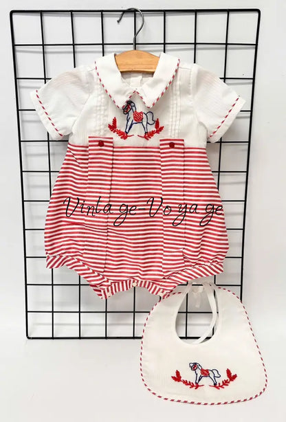 PRE-ORDER NOW & GET NEXT WEEK! ROCKING HORSE RED STRIPES HAND-EMBROIDERED ROMPER & BIB SET 0-3 months Baby & Toddler