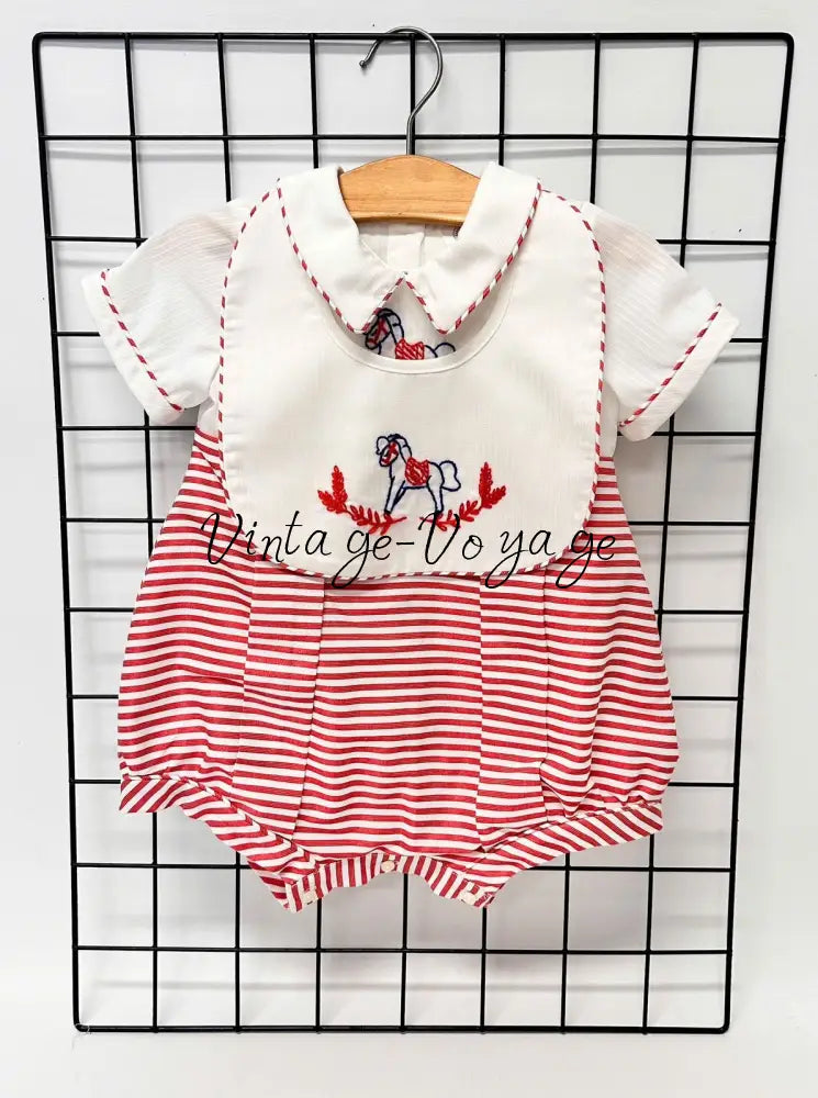 PRE-ORDER NOW & GET NEXT WEEK! ROCKING HORSE RED STRIPES HAND-EMBROIDERED ROMPER & BIB SET Baby & Toddler Outfits