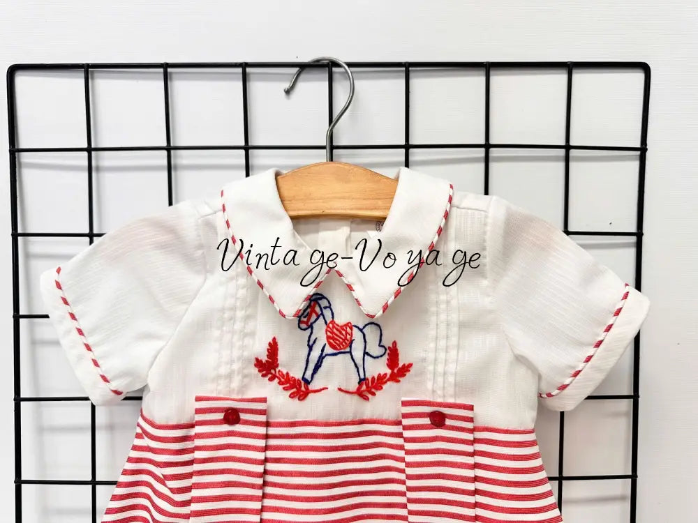PRE-ORDER NOW & GET NEXT WEEK! ROCKING HORSE RED STRIPES HAND-EMBROIDERED ROMPER & BIB SET Baby & Toddler Outfits