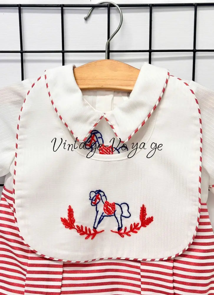 PRE-ORDER NOW & GET NEXT WEEK! ROCKING HORSE RED STRIPES HAND-EMBROIDERED ROMPER & BIB SET Baby & Toddler Outfits