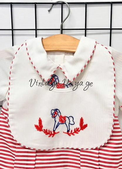PRE-ORDER NOW & GET NEXT WEEK! ROCKING HORSE RED STRIPES HAND-EMBROIDERED ROMPER & BIB SET Baby & Toddler Outfits