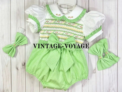 PRE-ORDER NOW & GET NEXT WEEK😍ROMY 🍀💚GRASS GREEN HAND-SMOCKED🧵🪡SHORTS SET BONNET AND HAIR BOWS OR HEADBAND 🎀🎀 1M Baby &