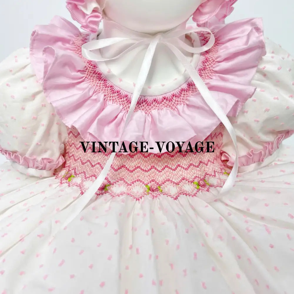 PRE-ORDER! VERONICA 💖 WHITE & PINK HAND-SMOCKED🧵🪡DRESS BONNET PANTIES & HAIR BOWS OR HEADBAND🎀 Baby & Toddler Outfits