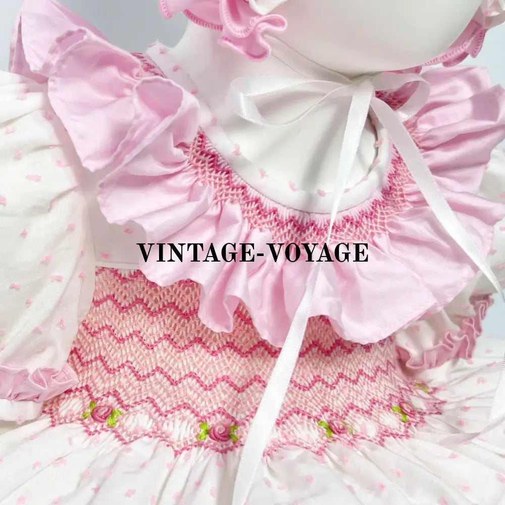 PRE-ORDER! VERONICA 💖 WHITE & PINK HAND-SMOCKED🧵🪡DRESS BONNET PANTIES & HAIR BOWS OR HEADBAND🎀 Baby & Toddler Outfits