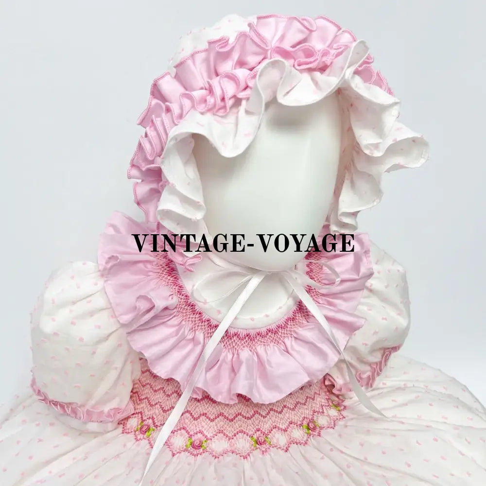 PRE-ORDER! VERONICA 💖 WHITE & PINK HAND-SMOCKED🧵🪡DRESS BONNET PANTIES & HAIR BOWS OR HEADBAND🎀 Baby & Toddler Outfits