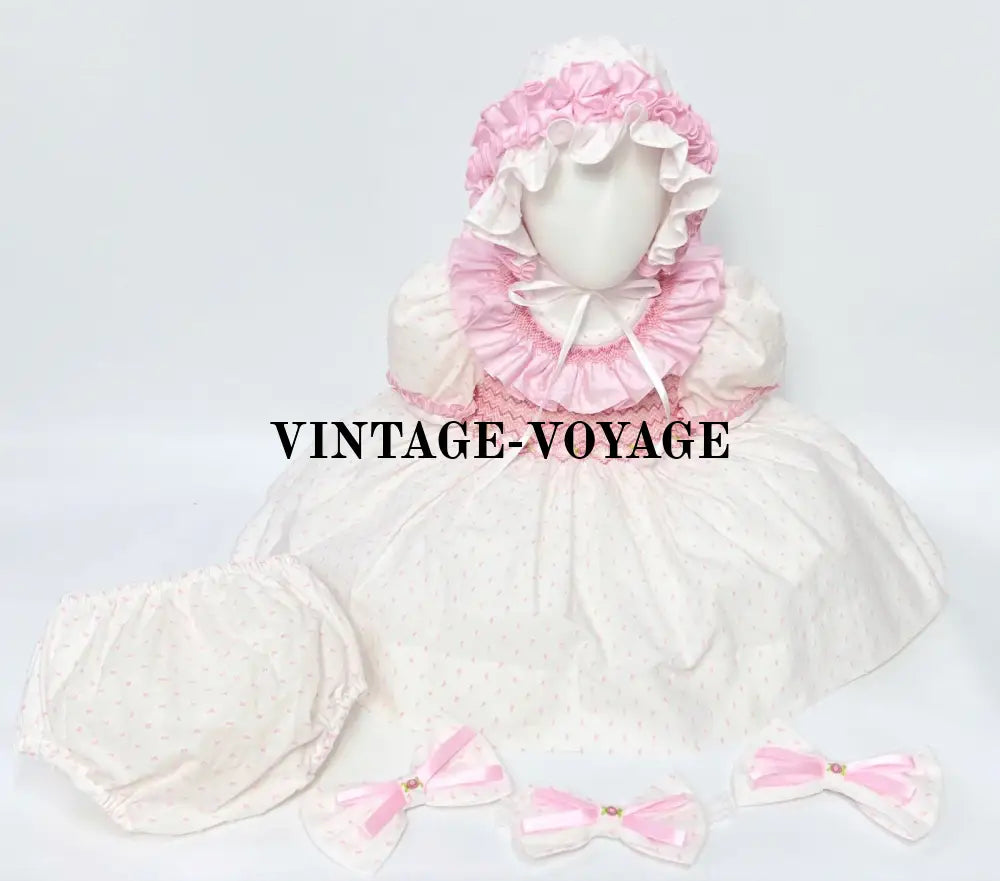 PRE-ORDER! VERONICA 💖 WHITE & PINK HAND-SMOCKED🧵🪡DRESS BONNET PANTIES & HAIR BOWS OR HEADBAND🎀 NB Baby & Toddler Outfits