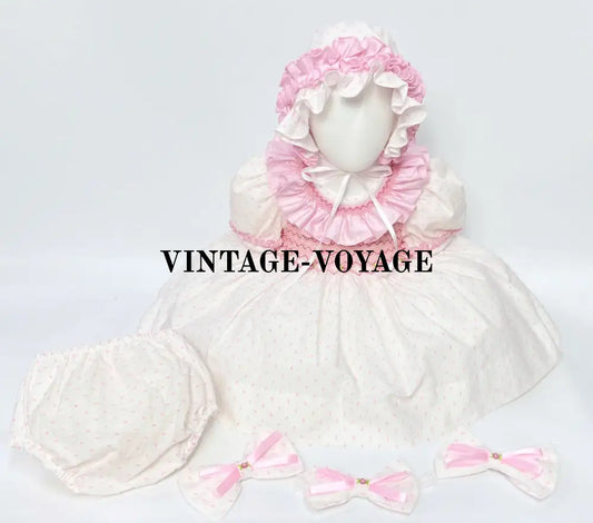 PRE-ORDER! VERONICA 💖 WHITE & PINK HAND-SMOCKED🧵🪡DRESS BONNET PANTIES & HAIR BOWS OR HEADBAND🎀 NB Baby & Toddler Outfits