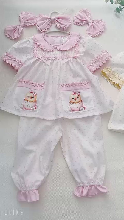 Pre-Order Now & Get It Next Week🕊️🌱HEN-LEN PINK SWISS DOTTED VOILE PYJAMA & HAIR BOWS🎀🎀