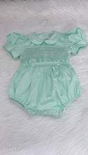 Load and play video in Gallery viewer, NEW SEASON!&quot;OSCAR&quot; MINT Cotton/Satin Hand-Smocked Romper/Suit
