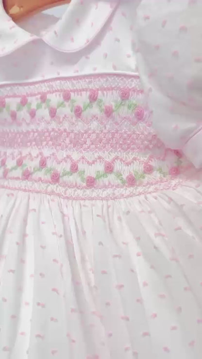NEW💞EVELYN SWISS DOT PINK🌸HAND-SMOCKED🧵🪡DRESS, PANTIES & HAIR ACCESSORIES🎀