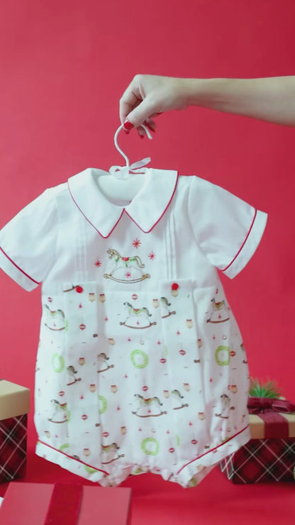 FESTIVE FUN🎄HAND-EMBROIDERED🧵🪡BABY BOYS ROMPER & BIB SET🩵