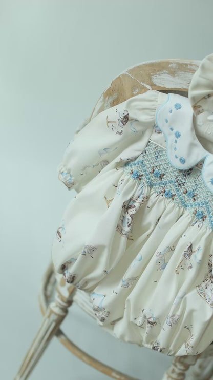 NEW🤩CAROUSEL BLUE🩵HAND-SMOCKED🧵🪡CUSTOM PRINT BABY ROMPER SET🎀