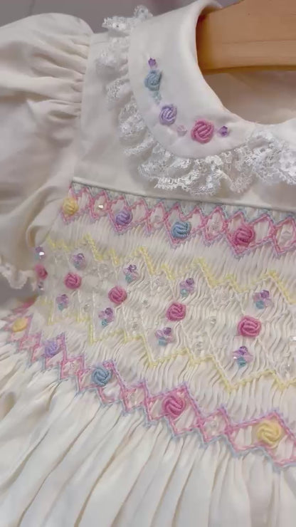 NEW🤩LUNA PALE CREAM🍦🍨HAND-SMOCKED🧵🪡DRESS, PANTIES, BIB, & HAIR ACCESSORIES🎀